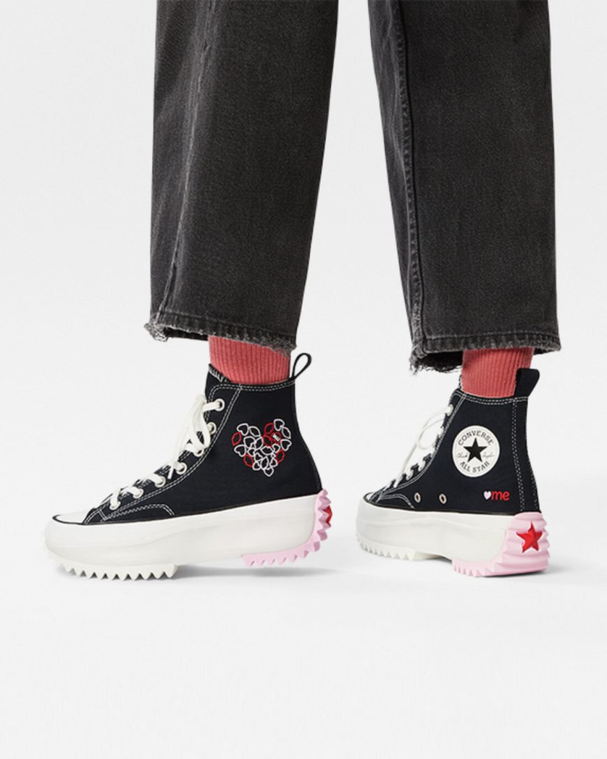 Pantofi Platforma Barbati Converse Run Star Hike Embroidered Hearts Inalti Negrii Rosii | RO GWZSR290